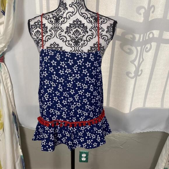 America & Beyond Star Print Pom Pom Peplum Tank Top M NWT - Picture 3 of 10